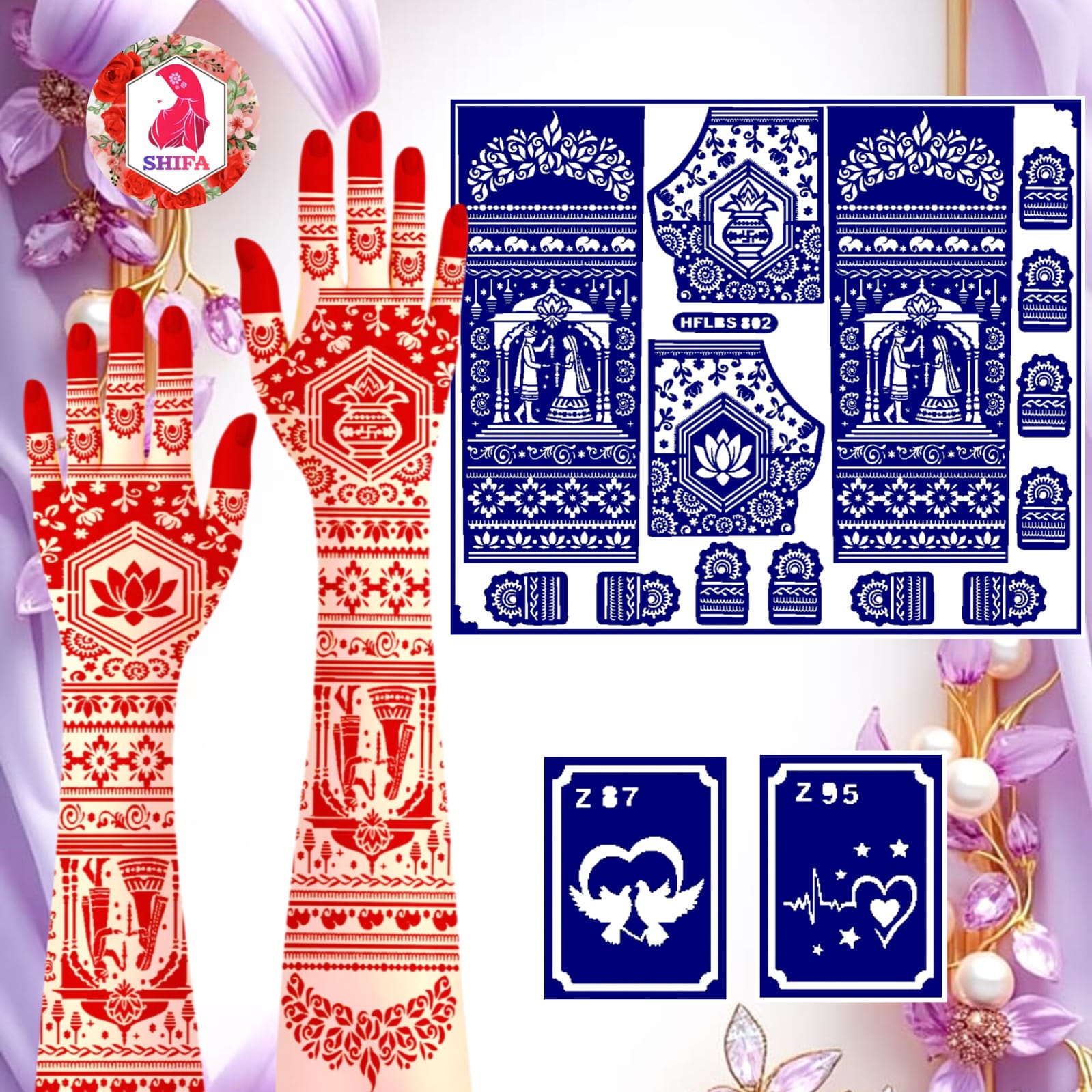 HFLBS 802 Divine Lotus Wedding Set (2z) Sticker Overview Henna Stencil - Shifa Stencil
